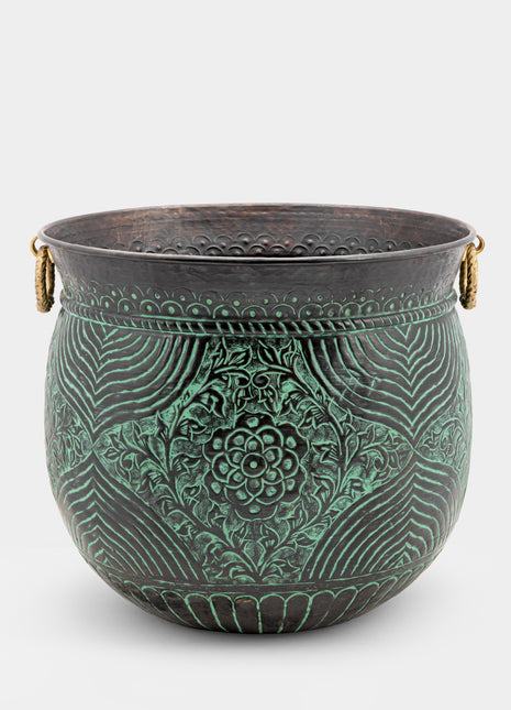 Engraved Brass Planter - Magnificent Centerpiece - Brass Metal - Vintage - Distressed Indoor Planters