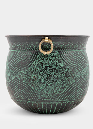 Engraved Brass Planter - Magnificent Centerpiece - Brass Metal - Vintage - Distressed Indoor Planters