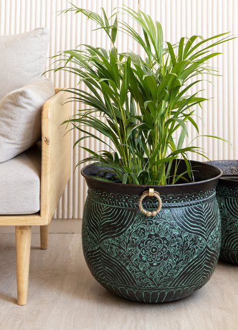 Engraved Brass Planter - Magnificent Centerpiece - Brass Metal - Vintage - Distressed Indoor Planters