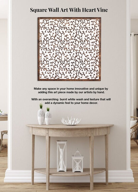 Arte de pared cuadrada con vid de corazón, decoración de pared, arte de pared de madera rústica, colgantes de pared de madera, arte de pared único, arte tallado cuadrado, decoración del hogar
