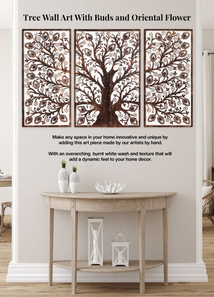 Tree Wall Art With Buds and Oriental Flower, Handcrafted Wood Wall Art Decor, Unique Wall Art, Wood Panel Wall Art, Wood Art Panel