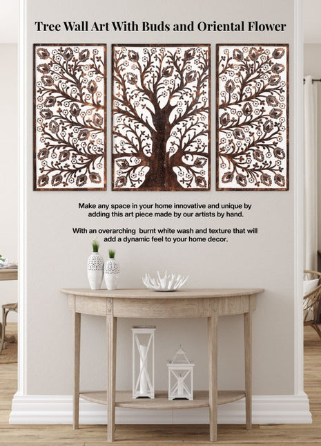 Arte de pared de árbol con brotes y flores orientales, decoración de arte de pared de madera hecha a mano, arte de pared único, arte de pared de panel de madera, panel de arte de madera
